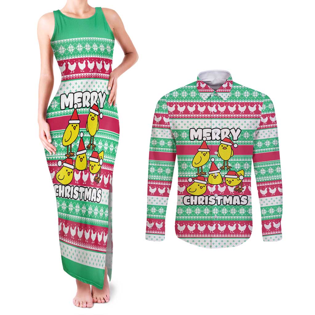 Merry Chickmas Christmas Couples Matching Tank Maxi Dress and Long Sleeve Button Shirt with Yellow Cartoon Birds in Santa Hats and Red Green Snowflake Pattern - Wonder Print Shop