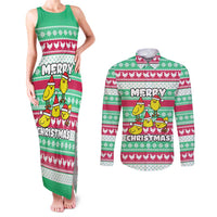 Merry Chickmas Christmas Couples Matching Tank Maxi Dress and Long Sleeve Button Shirt with Yellow Cartoon Birds in Santa Hats and Red Green Snowflake Pattern - Wonder Print Shop