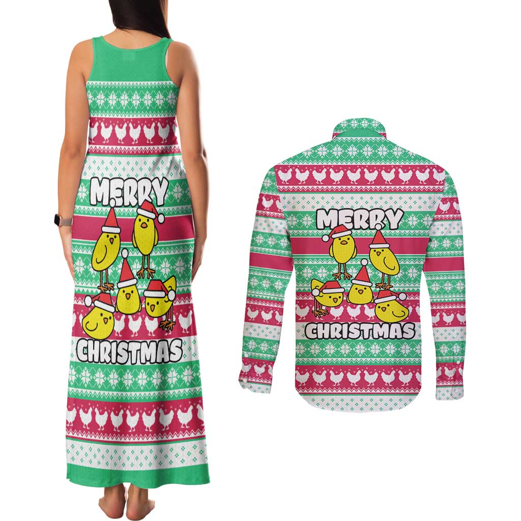 Merry Chickmas Christmas Couples Matching Tank Maxi Dress and Long Sleeve Button Shirt with Yellow Cartoon Birds in Santa Hats and Red Green Snowflake Pattern - Wonder Print Shop