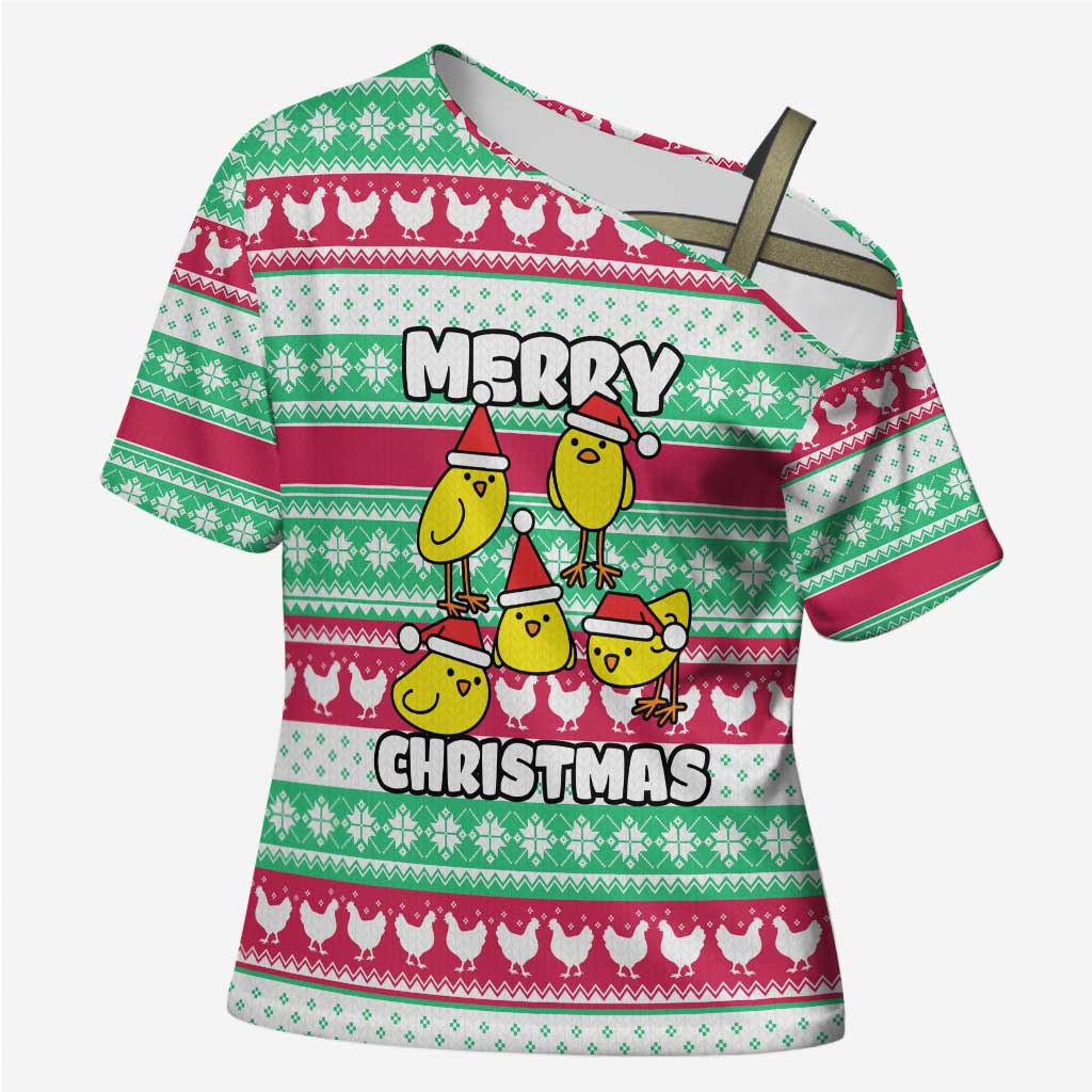 Merry Chickmas Christmas Cross Shoulder Shirt with Yellow Cartoon Birds in Santa Hats and Red Green Snowflake Pattern - Wonder Print Shop