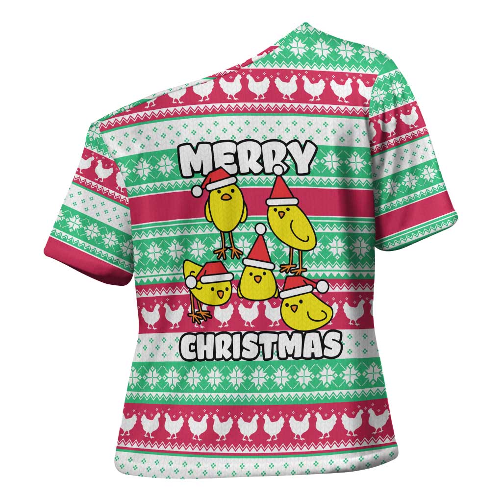 Merry Chickmas Christmas Cross Shoulder Shirt with Yellow Cartoon Birds in Santa Hats and Red Green Snowflake Pattern - Wonder Print Shop