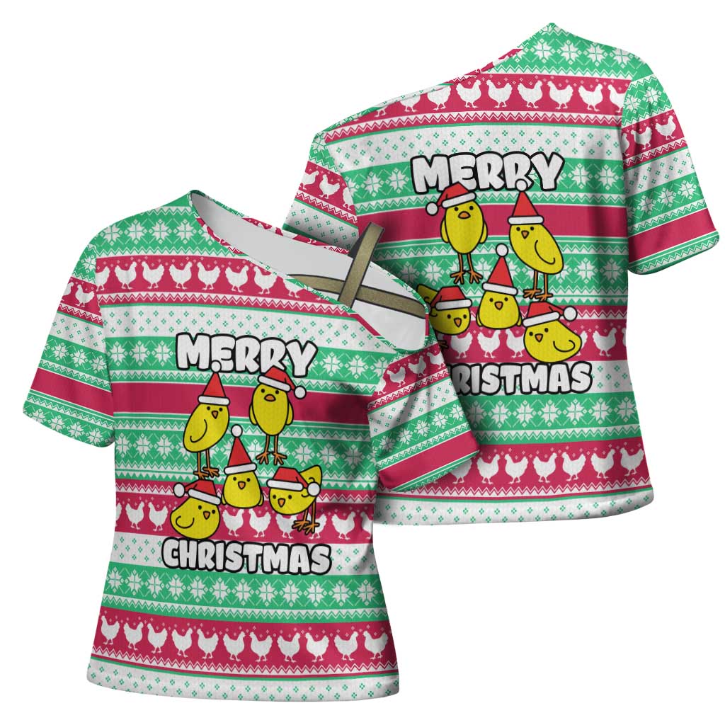 Merry Chickmas Christmas Cross Shoulder Shirt with Yellow Cartoon Birds in Santa Hats and Red Green Snowflake Pattern - Wonder Print Shop