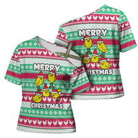 Merry Chickmas Christmas Cross Shoulder Shirt with Yellow Cartoon Birds in Santa Hats and Red Green Snowflake Pattern - Wonder Print Shop