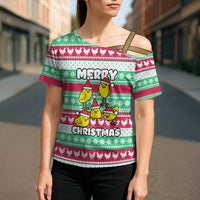 Merry Chickmas Christmas Cross Shoulder Shirt with Yellow Cartoon Birds in Santa Hats and Red Green Snowflake Pattern - Wonder Print Shop
