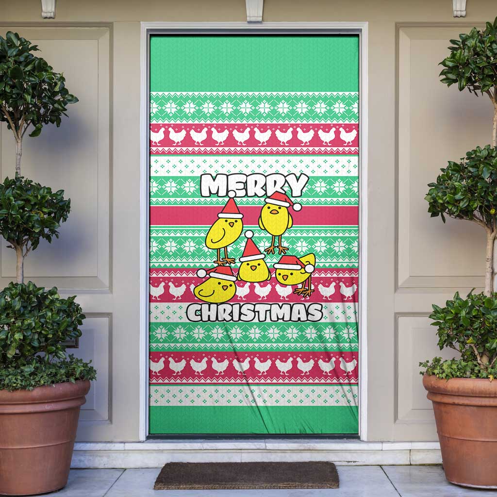 Merry Chickmas Christmas Door Cover with Yellow Cartoon Birds in Santa Hats and Red Green Snowflake Pattern - Wonder Print Shop