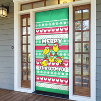 Merry Chickmas Christmas Door Cover with Yellow Cartoon Birds in Santa Hats and Red Green Snowflake Pattern - Wonder Print Shop
