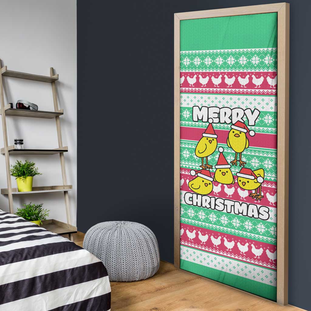 Merry Chickmas Christmas Door Cover with Yellow Cartoon Birds in Santa Hats and Red Green Snowflake Pattern - Wonder Print Shop