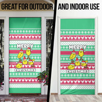 Merry Chickmas Christmas Door Cover with Yellow Cartoon Birds in Santa Hats and Red Green Snowflake Pattern - Wonder Print Shop