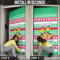 Merry Chickmas Christmas Door Cover with Yellow Cartoon Birds in Santa Hats and Red Green Snowflake Pattern - Wonder Print Shop