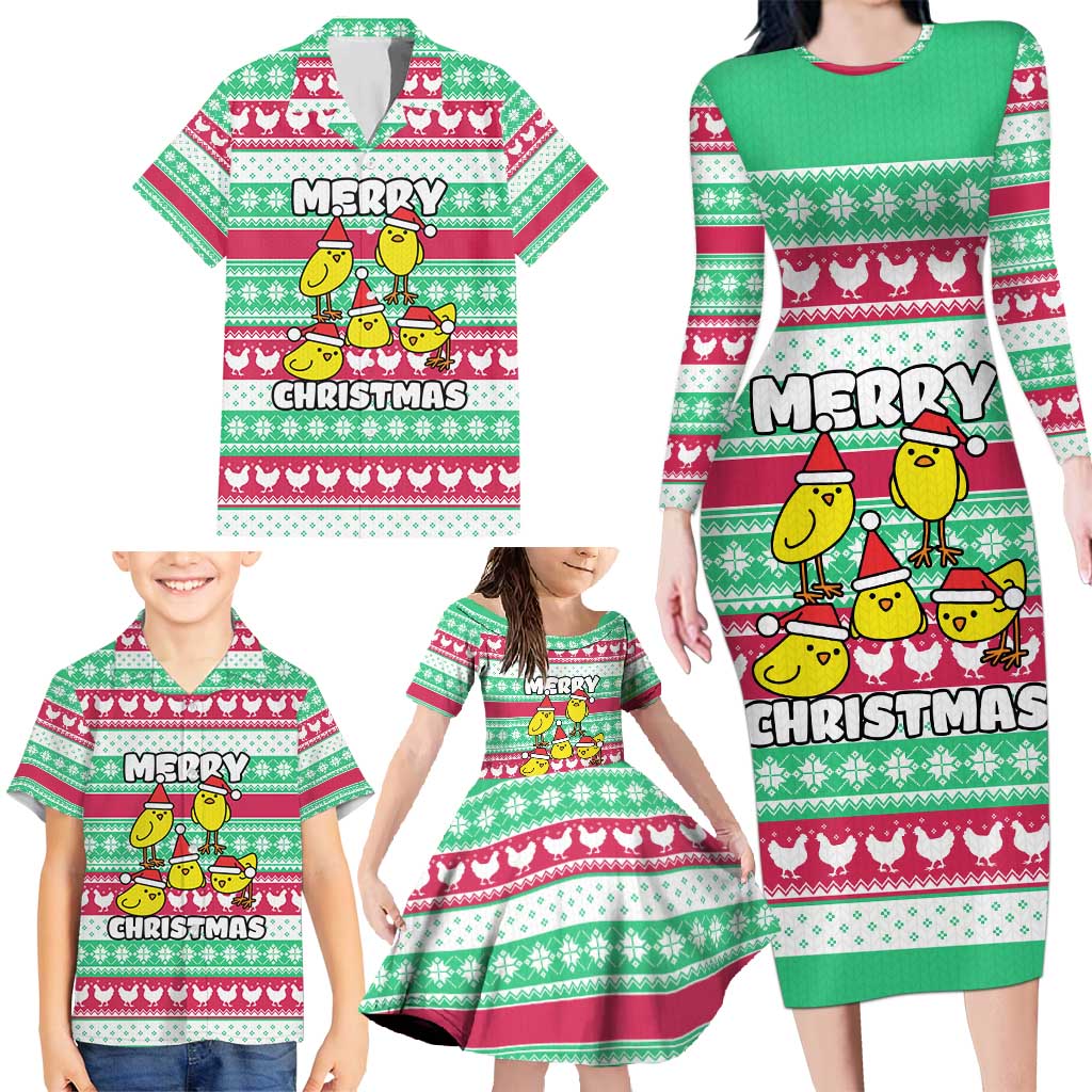 Merry Chickmas Christmas Family Matching Long Sleeve Bodycon Dress and Hawaiian Shirt with Yellow Cartoon Birds in Santa Hats and Red Green Snowflake Pattern - Wonder Print Shop