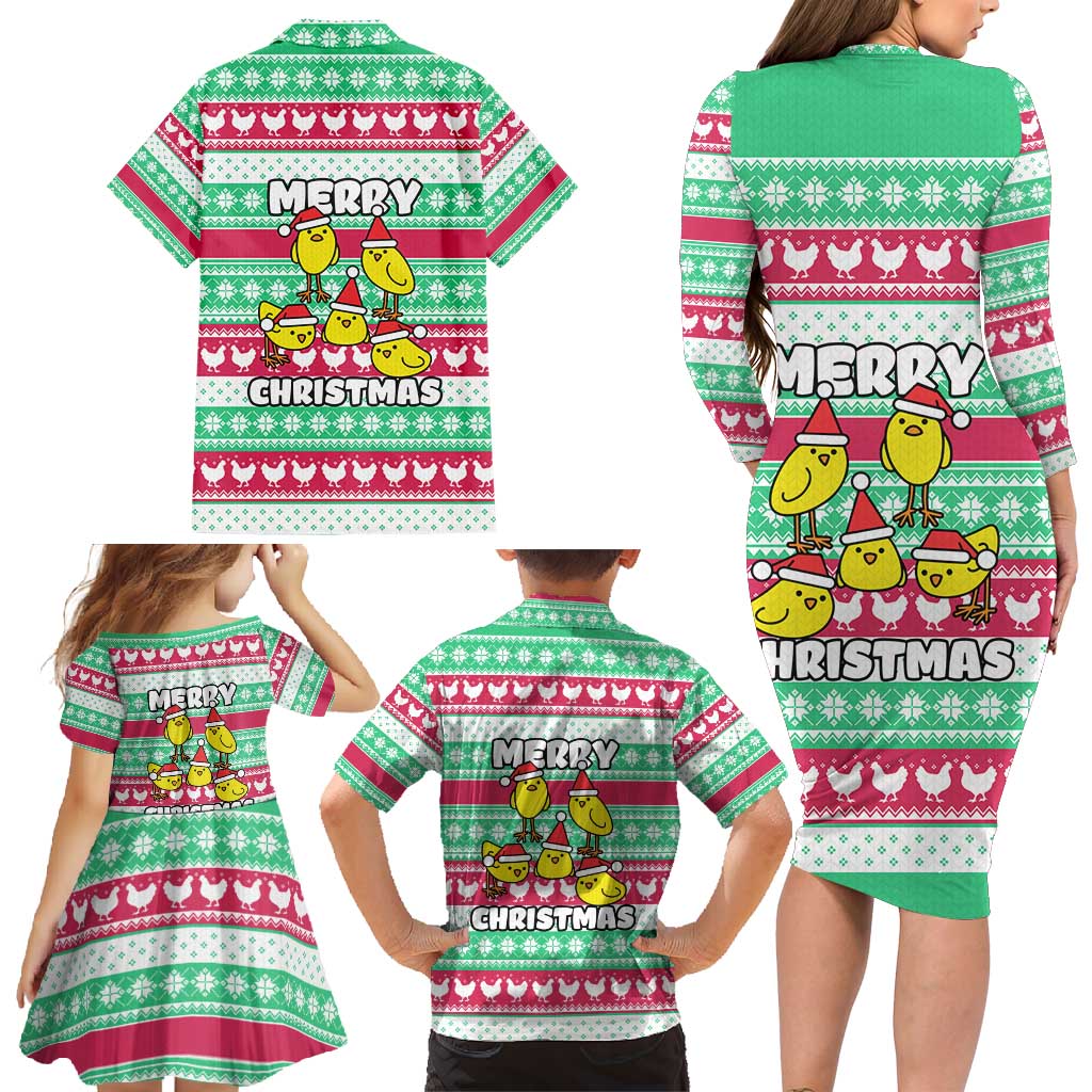 Merry Chickmas Christmas Family Matching Long Sleeve Bodycon Dress and Hawaiian Shirt with Yellow Cartoon Birds in Santa Hats and Red Green Snowflake Pattern - Wonder Print Shop