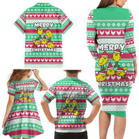 Merry Chickmas Christmas Family Matching Long Sleeve Bodycon Dress and Hawaiian Shirt with Yellow Cartoon Birds in Santa Hats and Red Green Snowflake Pattern - Wonder Print Shop