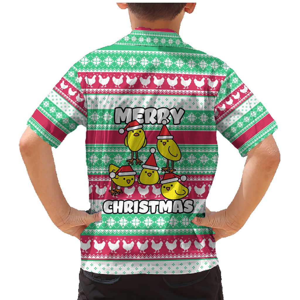 Merry Chickmas Christmas Family Matching Mermaid Dress and Hawaiian Shirt with Yellow Cartoon Birds in Santa Hats and Red Green Snowflake Pattern - Wonder Print Shop