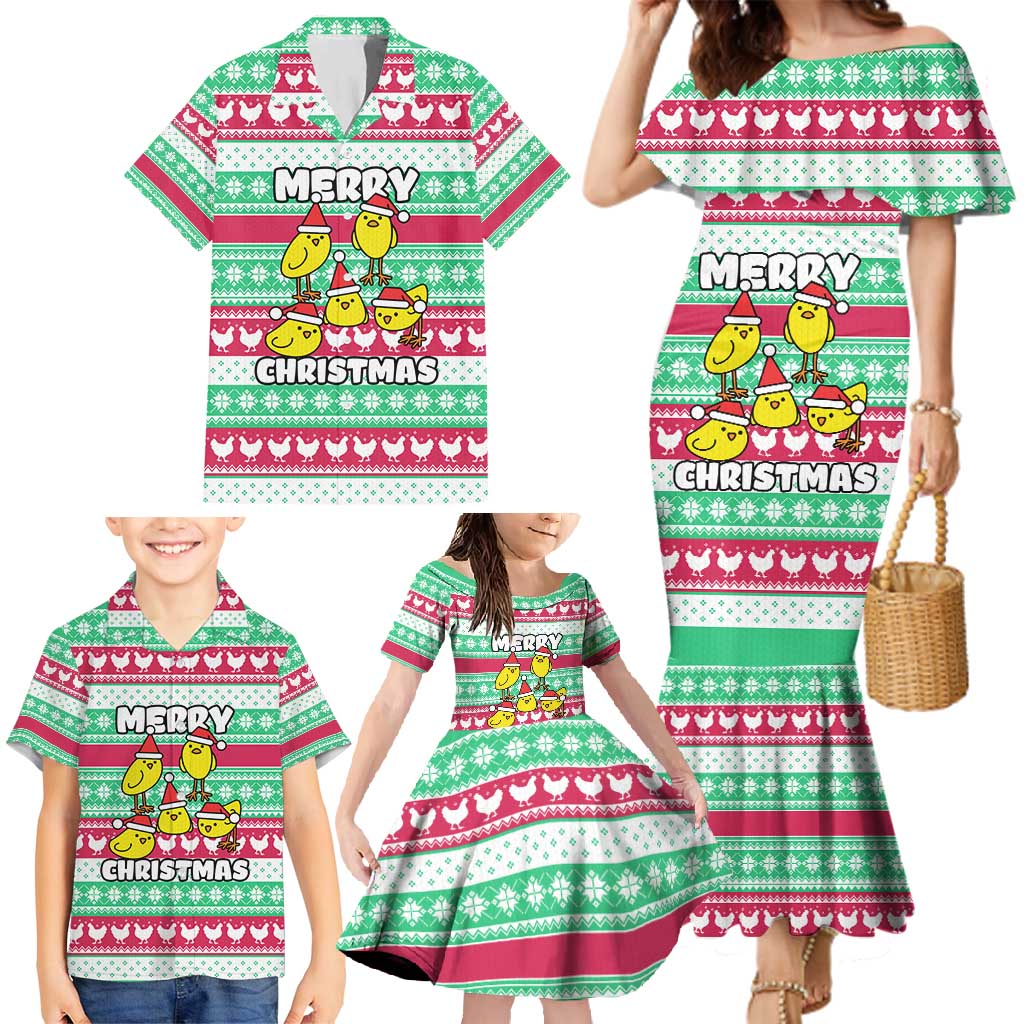 Merry Chickmas Christmas Family Matching Mermaid Dress and Hawaiian Shirt with Yellow Cartoon Birds in Santa Hats and Red Green Snowflake Pattern - Wonder Print Shop