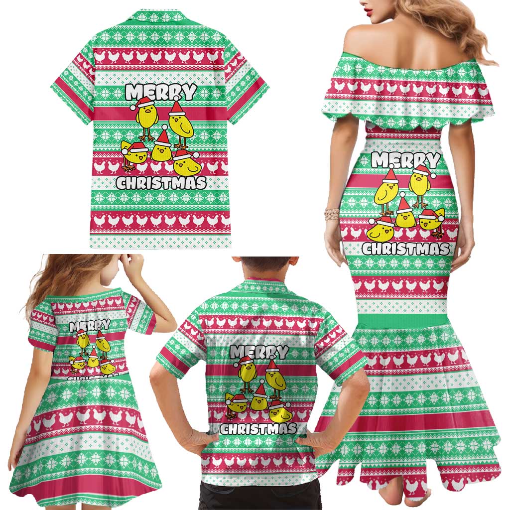 Merry Chickmas Christmas Family Matching Mermaid Dress and Hawaiian Shirt with Yellow Cartoon Birds in Santa Hats and Red Green Snowflake Pattern - Wonder Print Shop