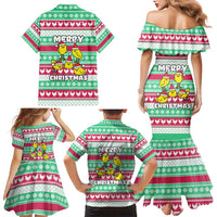 Merry Chickmas Christmas Family Matching Mermaid Dress and Hawaiian Shirt with Yellow Cartoon Birds in Santa Hats and Red Green Snowflake Pattern - Wonder Print Shop