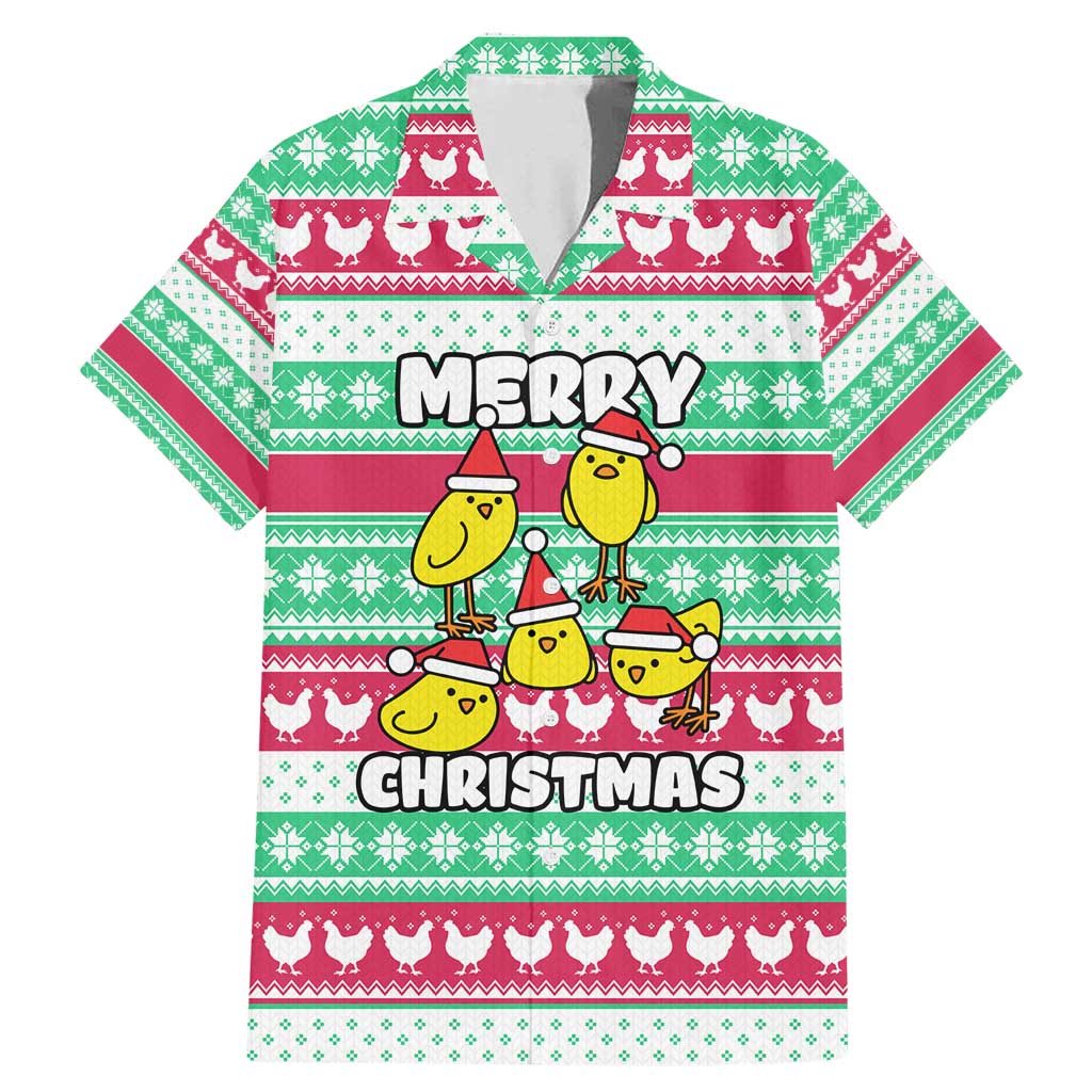 Merry Chickmas Christmas Family Matching Mermaid Dress and Hawaiian Shirt with Yellow Cartoon Birds in Santa Hats and Red Green Snowflake Pattern - Wonder Print Shop