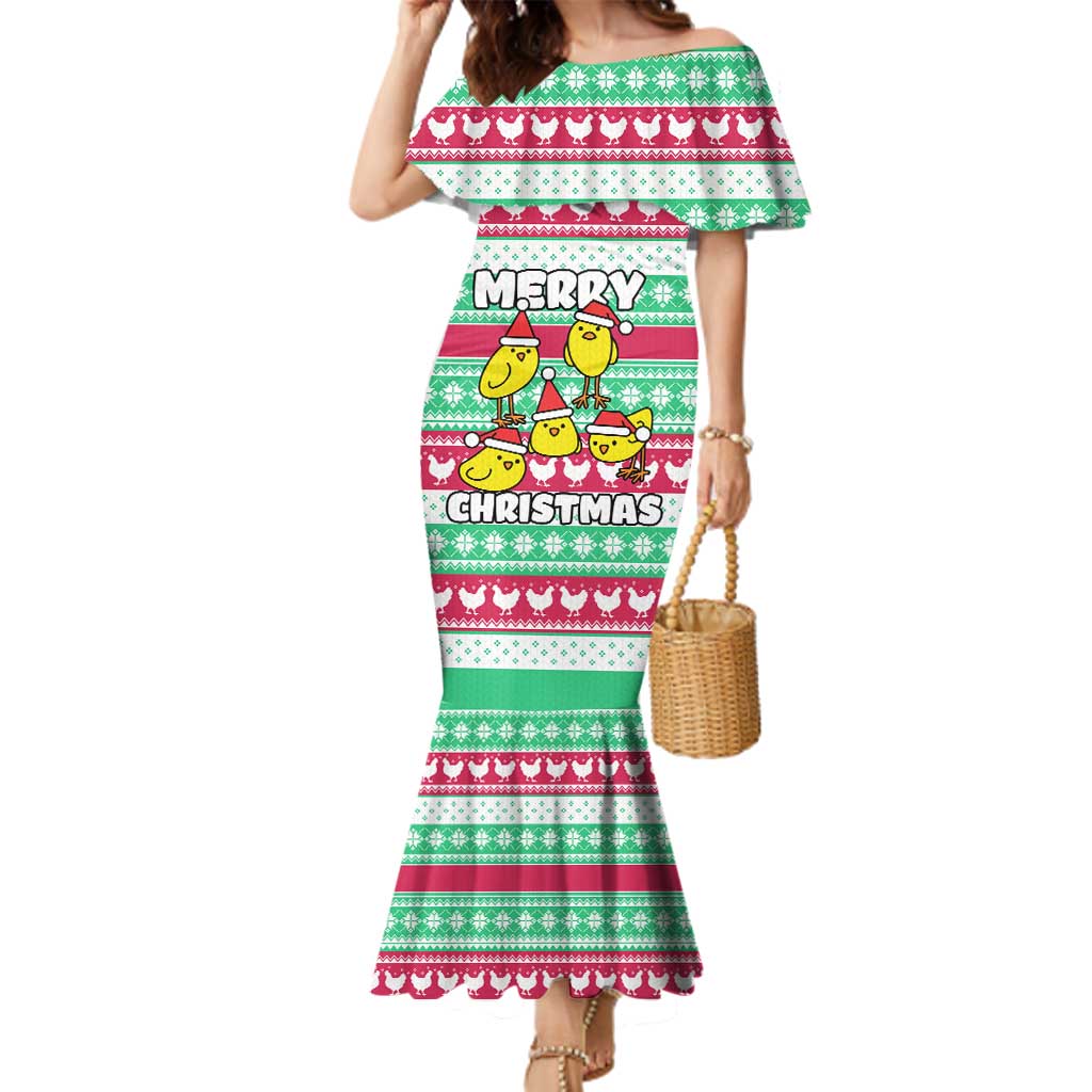 Merry Chickmas Christmas Family Matching Mermaid Dress and Hawaiian Shirt with Yellow Cartoon Birds in Santa Hats and Red Green Snowflake Pattern - Wonder Print Shop