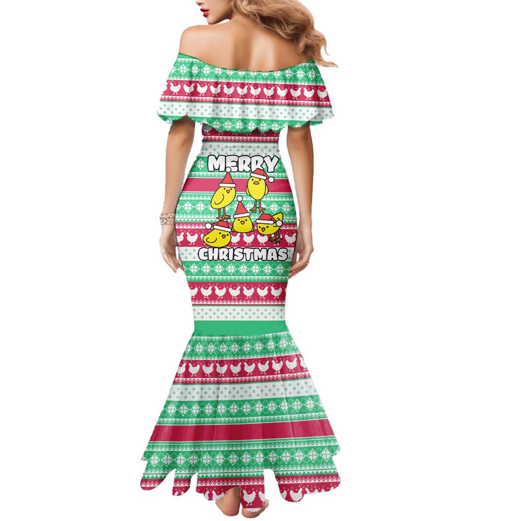 Merry Chickmas Christmas Family Matching Mermaid Dress and Hawaiian Shirt with Yellow Cartoon Birds in Santa Hats and Red Green Snowflake Pattern - Wonder Print Shop