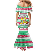 Merry Chickmas Christmas Family Matching Mermaid Dress and Hawaiian Shirt with Yellow Cartoon Birds in Santa Hats and Red Green Snowflake Pattern - Wonder Print Shop