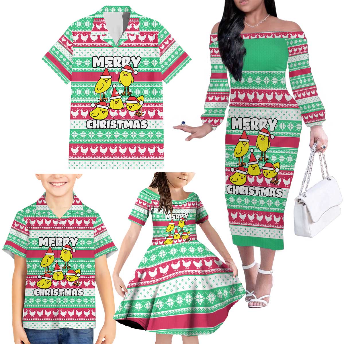 Merry Chickmas Christmas Family Matching Off The Shoulder Long Sleeve Dress and Hawaiian Shirt with Yellow Cartoon Birds in Santa Hats and Red Green Snowflake Pattern - Wonder Print Shop