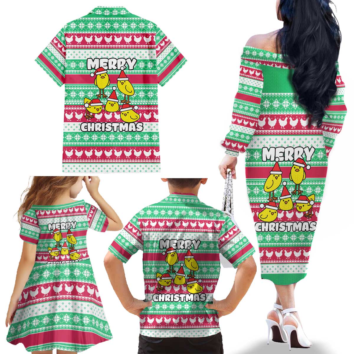 Merry Chickmas Christmas Family Matching Off The Shoulder Long Sleeve Dress and Hawaiian Shirt with Yellow Cartoon Birds in Santa Hats and Red Green Snowflake Pattern - Wonder Print Shop