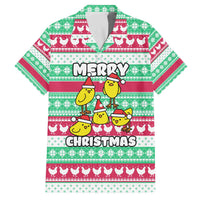Merry Chickmas Christmas Family Matching Off The Shoulder Long Sleeve Dress and Hawaiian Shirt with Yellow Cartoon Birds in Santa Hats and Red Green Snowflake Pattern - Wonder Print Shop