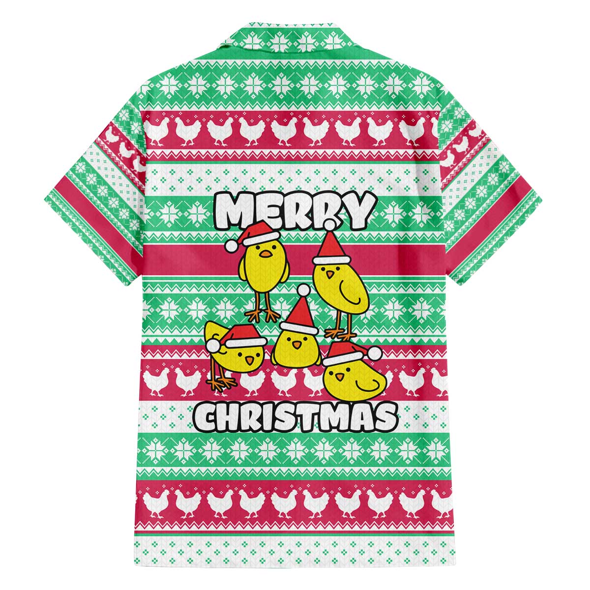 Merry Chickmas Christmas Family Matching Off The Shoulder Long Sleeve Dress and Hawaiian Shirt with Yellow Cartoon Birds in Santa Hats and Red Green Snowflake Pattern - Wonder Print Shop