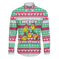 Merry Chickmas Christmas Family Matching Off The Shoulder Long Sleeve Dress and Hawaiian Shirt with Yellow Cartoon Birds in Santa Hats and Red Green Snowflake Pattern - Wonder Print Shop