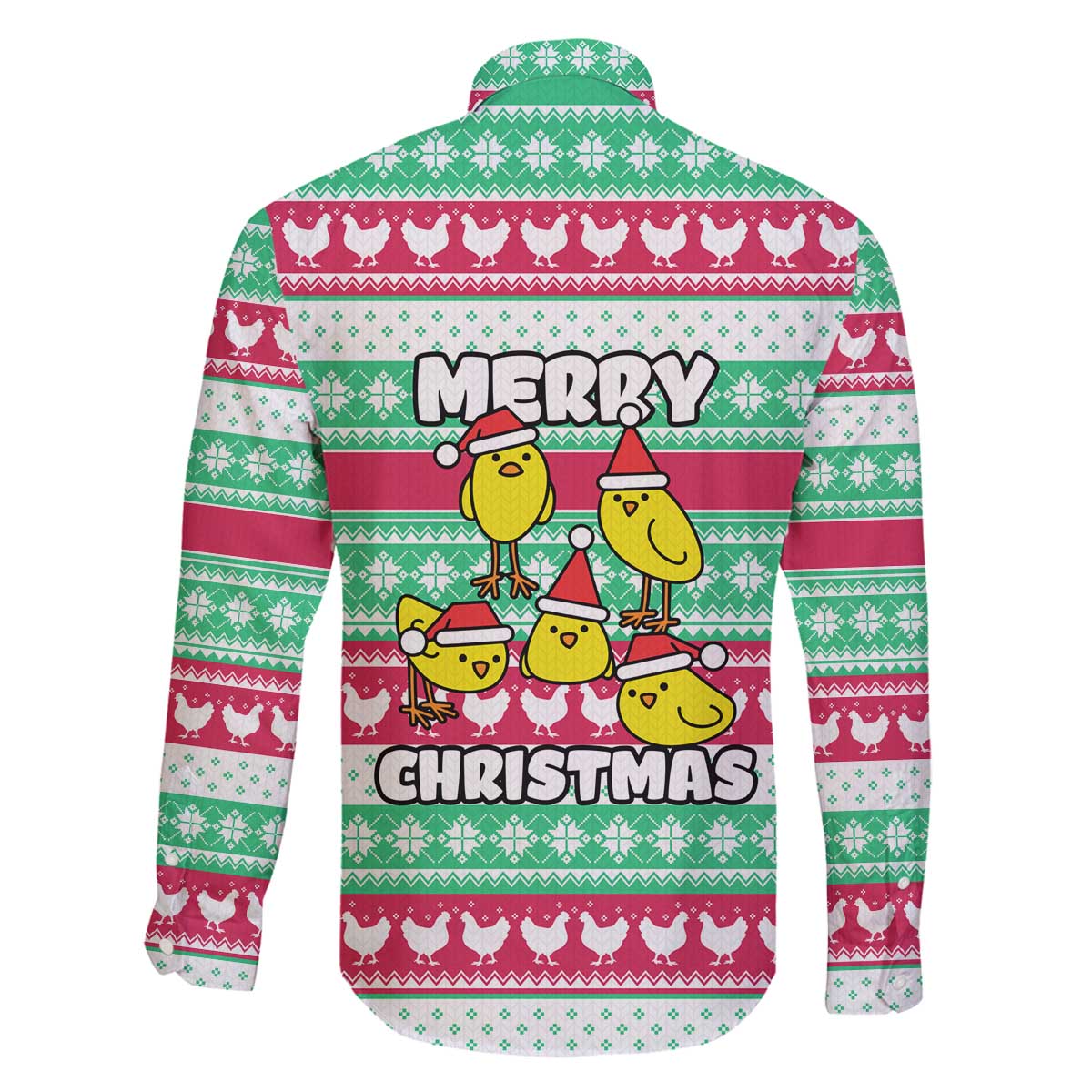 Merry Chickmas Christmas Family Matching Off The Shoulder Long Sleeve Dress and Hawaiian Shirt with Yellow Cartoon Birds in Santa Hats and Red Green Snowflake Pattern - Wonder Print Shop
