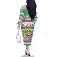 Merry Chickmas Christmas Family Matching Off The Shoulder Long Sleeve Dress and Hawaiian Shirt with Yellow Cartoon Birds in Santa Hats and Red Green Snowflake Pattern - Wonder Print Shop