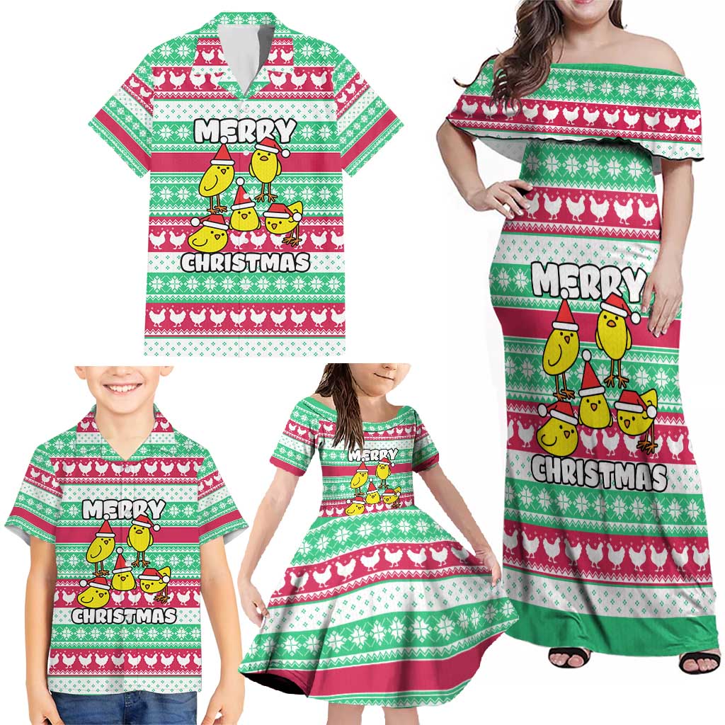 Merry Chickmas Christmas Family Matching Off Shoulder Maxi Dress and Hawaiian Shirt with Yellow Cartoon Birds in Santa Hats and Red Green Snowflake Pattern - Wonder Print Shop
