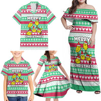 Merry Chickmas Christmas Family Matching Off Shoulder Maxi Dress and Hawaiian Shirt with Yellow Cartoon Birds in Santa Hats and Red Green Snowflake Pattern - Wonder Print Shop