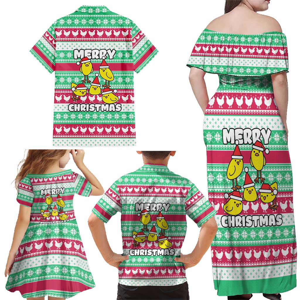 Merry Chickmas Christmas Family Matching Off Shoulder Maxi Dress and Hawaiian Shirt with Yellow Cartoon Birds in Santa Hats and Red Green Snowflake Pattern - Wonder Print Shop