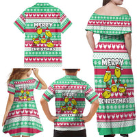 Merry Chickmas Christmas Family Matching Off Shoulder Maxi Dress and Hawaiian Shirt with Yellow Cartoon Birds in Santa Hats and Red Green Snowflake Pattern - Wonder Print Shop