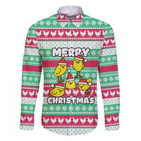 Merry Chickmas Christmas Family Matching Off Shoulder Maxi Dress and Hawaiian Shirt with Yellow Cartoon Birds in Santa Hats and Red Green Snowflake Pattern - Wonder Print Shop