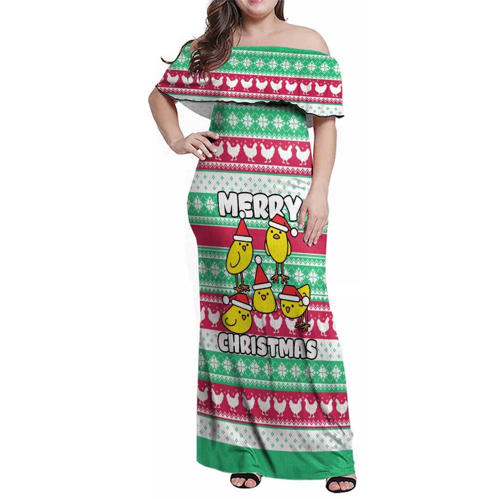 Merry Chickmas Christmas Family Matching Off Shoulder Maxi Dress and Hawaiian Shirt with Yellow Cartoon Birds in Santa Hats and Red Green Snowflake Pattern - Wonder Print Shop