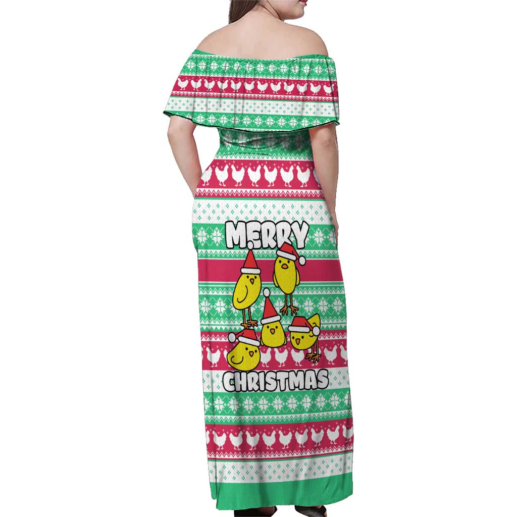 Merry Chickmas Christmas Family Matching Off Shoulder Maxi Dress and Hawaiian Shirt with Yellow Cartoon Birds in Santa Hats and Red Green Snowflake Pattern - Wonder Print Shop