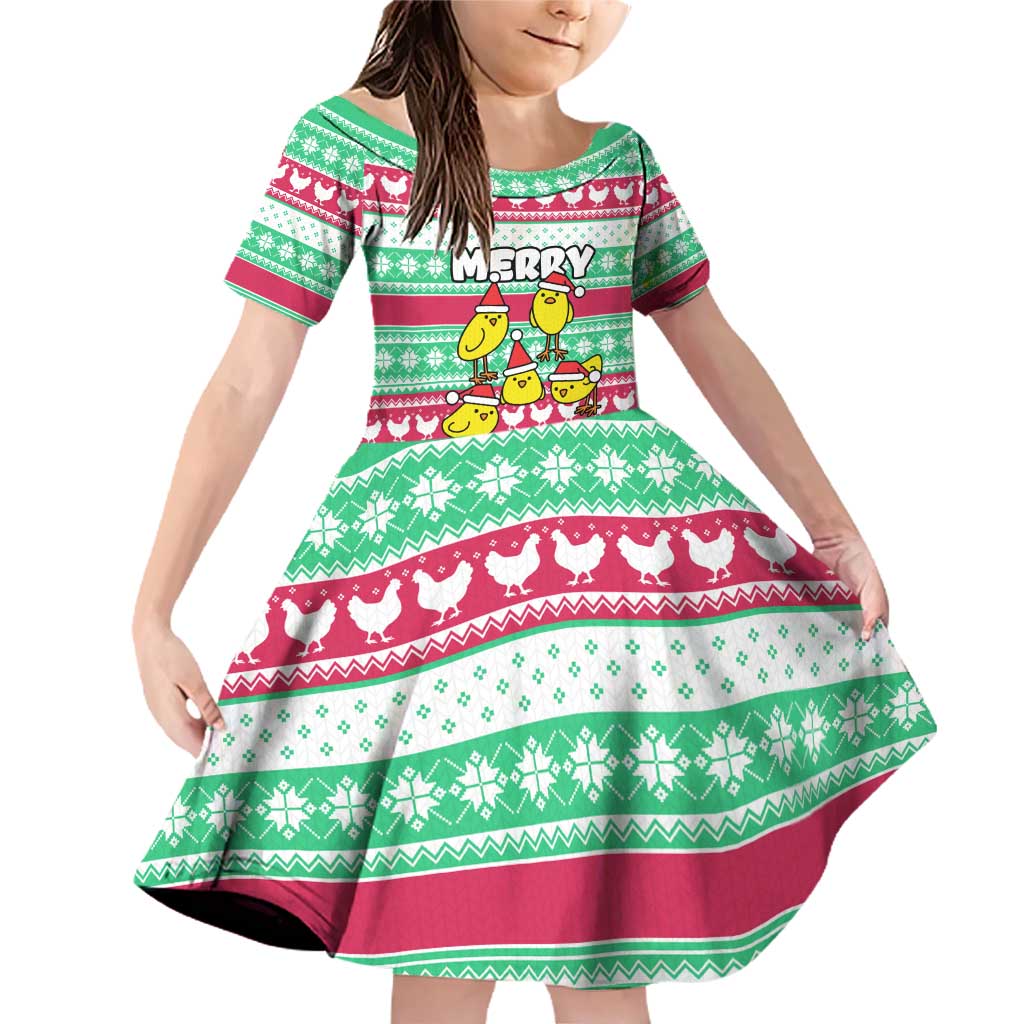Merry Chickmas Christmas Family Matching Off Shoulder Short Dress and Hawaiian Shirt with Yellow Cartoon Birds in Santa Hats and Red Green Snowflake Pattern - Wonder Print Shop