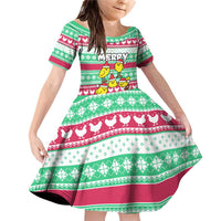 Merry Chickmas Christmas Family Matching Off Shoulder Short Dress and Hawaiian Shirt with Yellow Cartoon Birds in Santa Hats and Red Green Snowflake Pattern - Wonder Print Shop