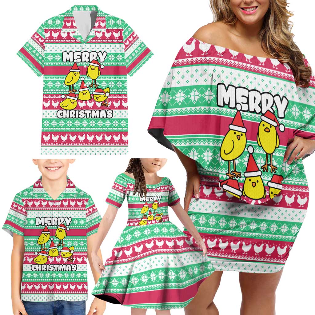 Merry Chickmas Christmas Family Matching Off Shoulder Short Dress and Hawaiian Shirt with Yellow Cartoon Birds in Santa Hats and Red Green Snowflake Pattern - Wonder Print Shop