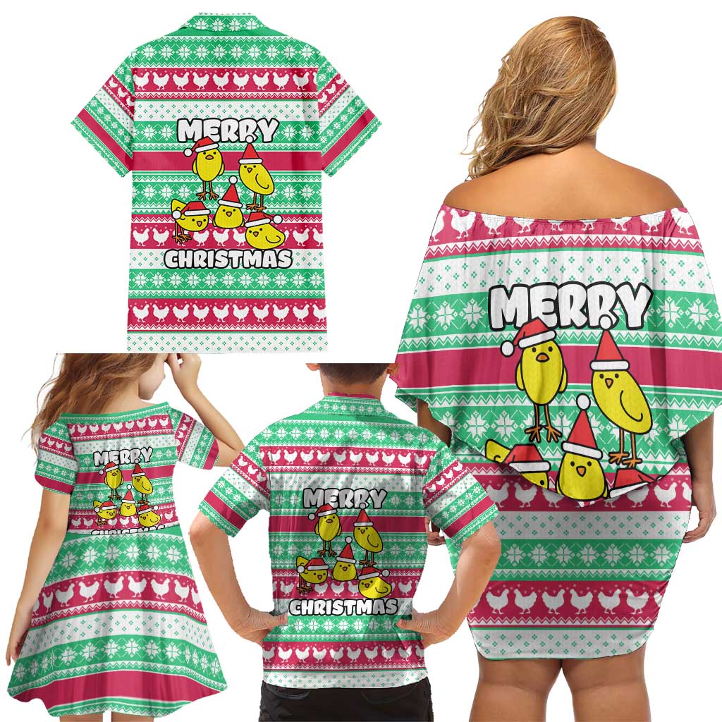 Merry Chickmas Christmas Family Matching Off Shoulder Short Dress and Hawaiian Shirt with Yellow Cartoon Birds in Santa Hats and Red Green Snowflake Pattern - Wonder Print Shop