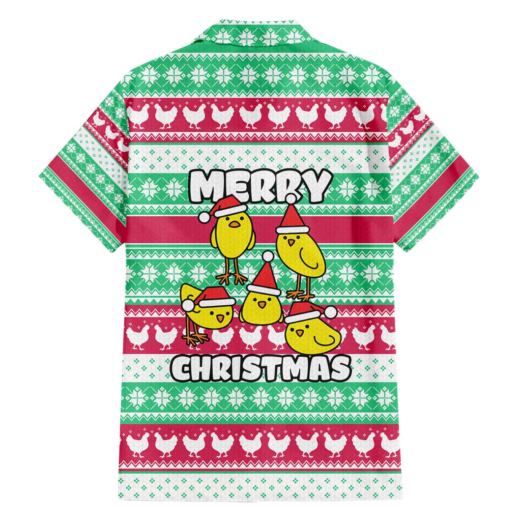 Merry Chickmas Christmas Family Matching Off Shoulder Short Dress and Hawaiian Shirt with Yellow Cartoon Birds in Santa Hats and Red Green Snowflake Pattern - Wonder Print Shop