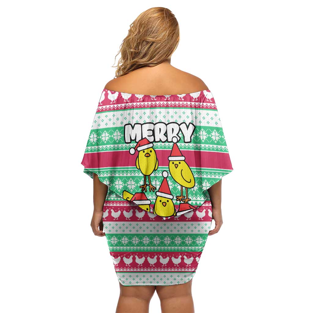 Merry Chickmas Christmas Family Matching Off Shoulder Short Dress and Hawaiian Shirt with Yellow Cartoon Birds in Santa Hats and Red Green Snowflake Pattern - Wonder Print Shop