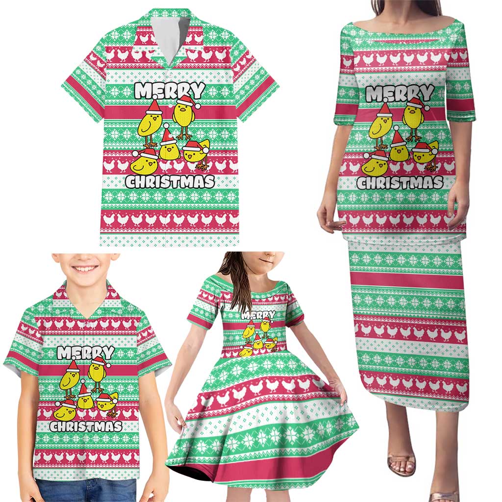Merry Chickmas Christmas Family Matching Puletasi and Hawaiian Shirt with Yellow Cartoon Birds in Santa Hats and Red Green Snowflake Pattern - Wonder Print Shop