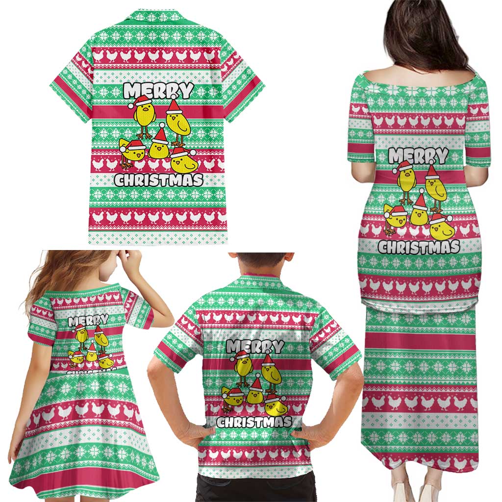Merry Chickmas Christmas Family Matching Puletasi and Hawaiian Shirt with Yellow Cartoon Birds in Santa Hats and Red Green Snowflake Pattern - Wonder Print Shop