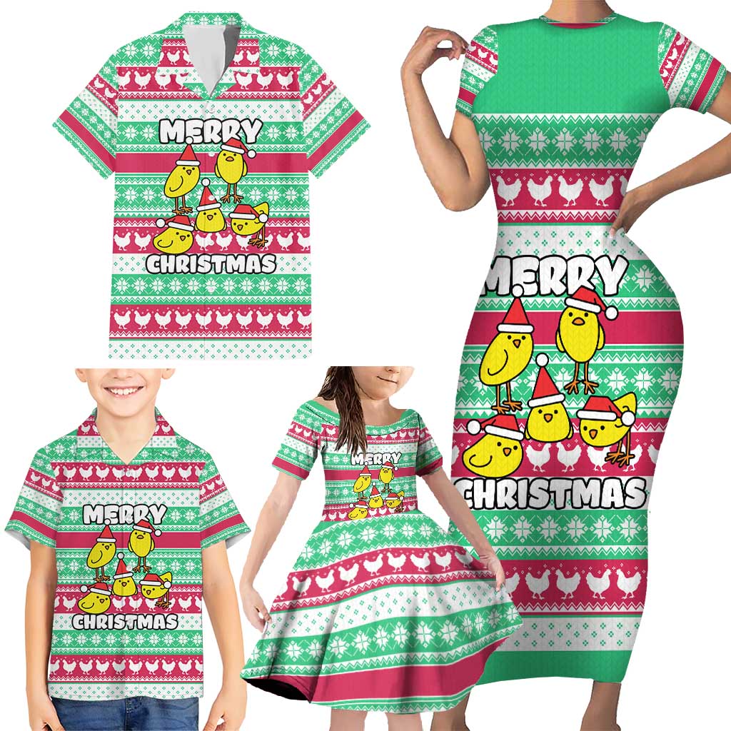 Merry Chickmas Christmas Family Matching Short Sleeve Bodycon Dress and Hawaiian Shirt with Yellow Cartoon Birds in Santa Hats and Red Green Snowflake Pattern - Wonder Print Shop