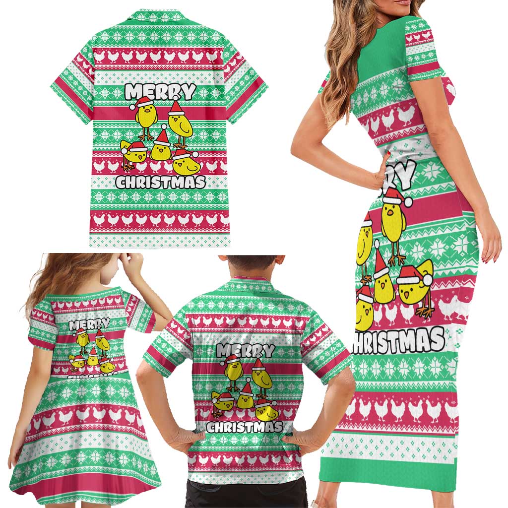 Merry Chickmas Christmas Family Matching Short Sleeve Bodycon Dress and Hawaiian Shirt with Yellow Cartoon Birds in Santa Hats and Red Green Snowflake Pattern - Wonder Print Shop