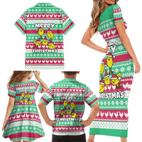 Merry Chickmas Christmas Family Matching Short Sleeve Bodycon Dress and Hawaiian Shirt with Yellow Cartoon Birds in Santa Hats and Red Green Snowflake Pattern - Wonder Print Shop