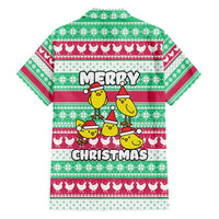 Merry Chickmas Christmas Family Matching Short Sleeve Bodycon Dress and Hawaiian Shirt with Yellow Cartoon Birds in Santa Hats and Red Green Snowflake Pattern - Wonder Print Shop